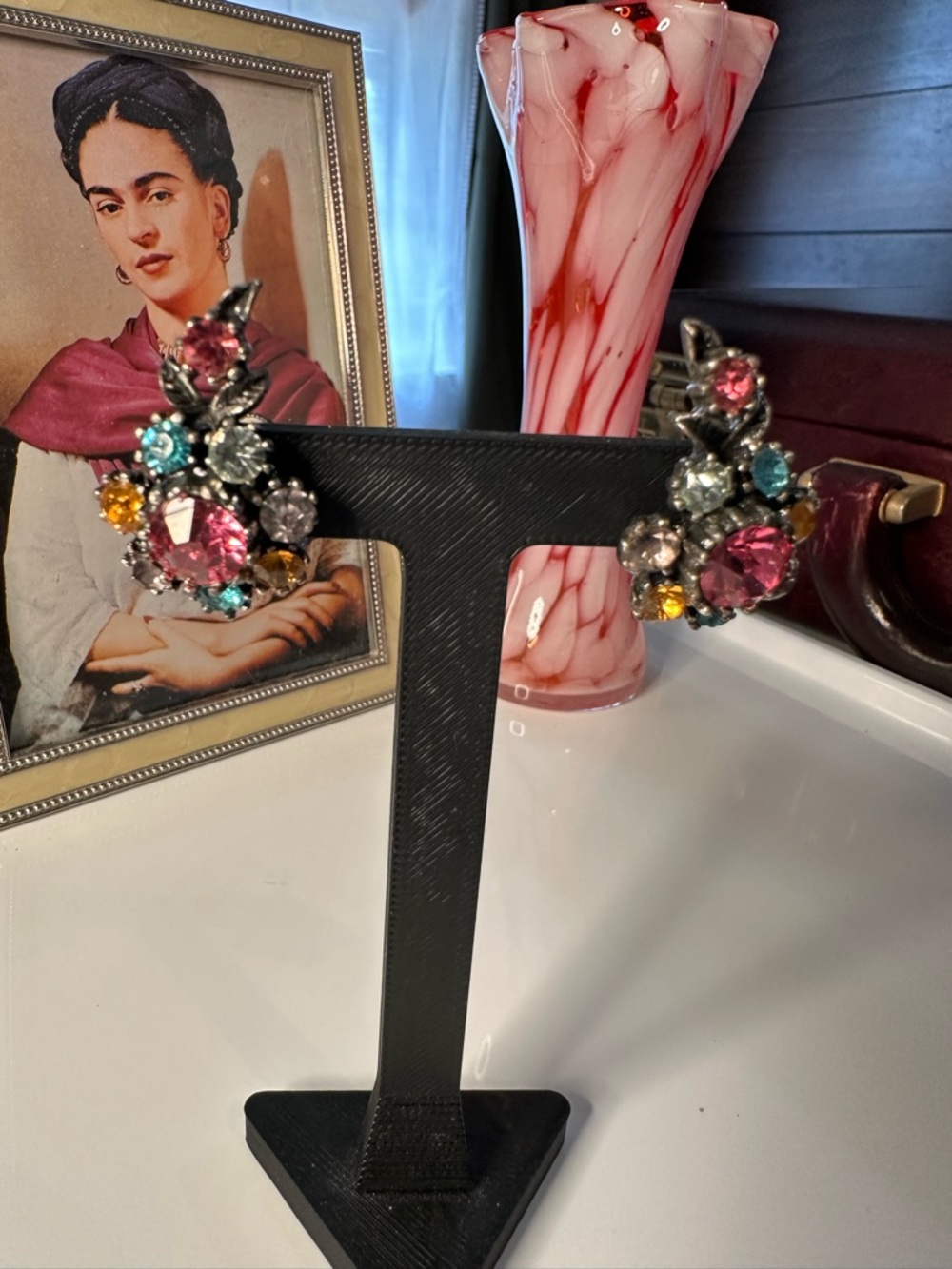 Vintage Coro Rhinestone Earrings Screw Back Multi Color Floral Cluster 1950s - Picture 3 of 16